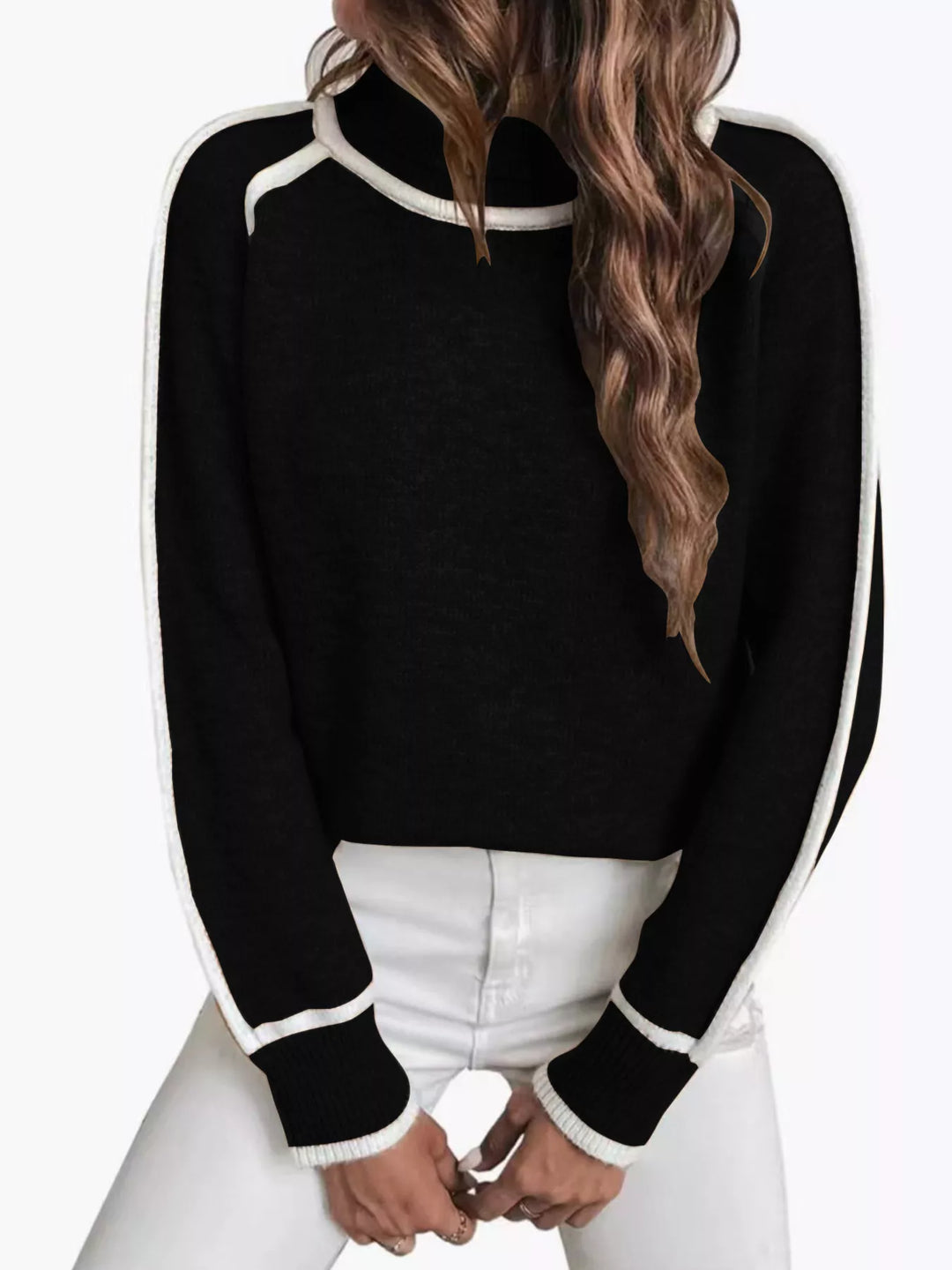 Black mock neck sweater with white raglan sleeve piping, front view