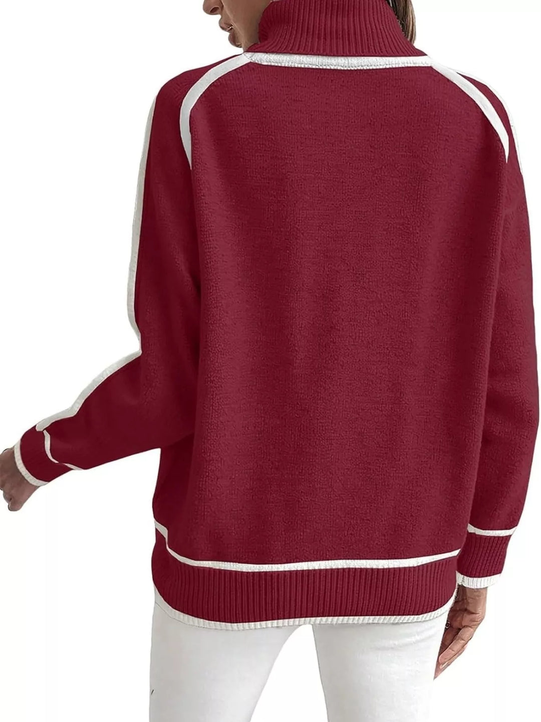 Red mock neck sweater with white piped hem, back view
