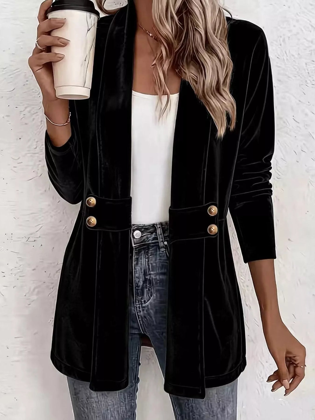 Black velvet-look shawl collar cardigan with belted waist and gold buttons