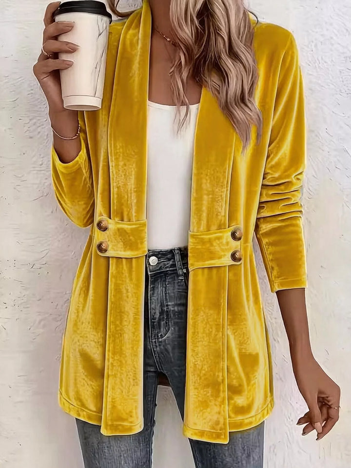 Mustard velvet-look cardigan with shawl collar, open front and belted waist
