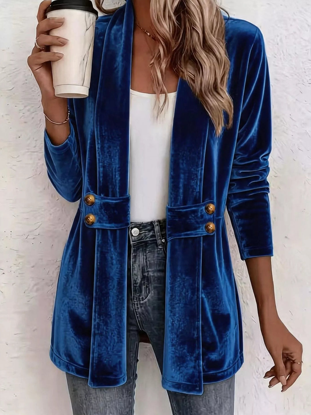 Royal blue velvet-look shawl collar cardigan with belted waist, open front