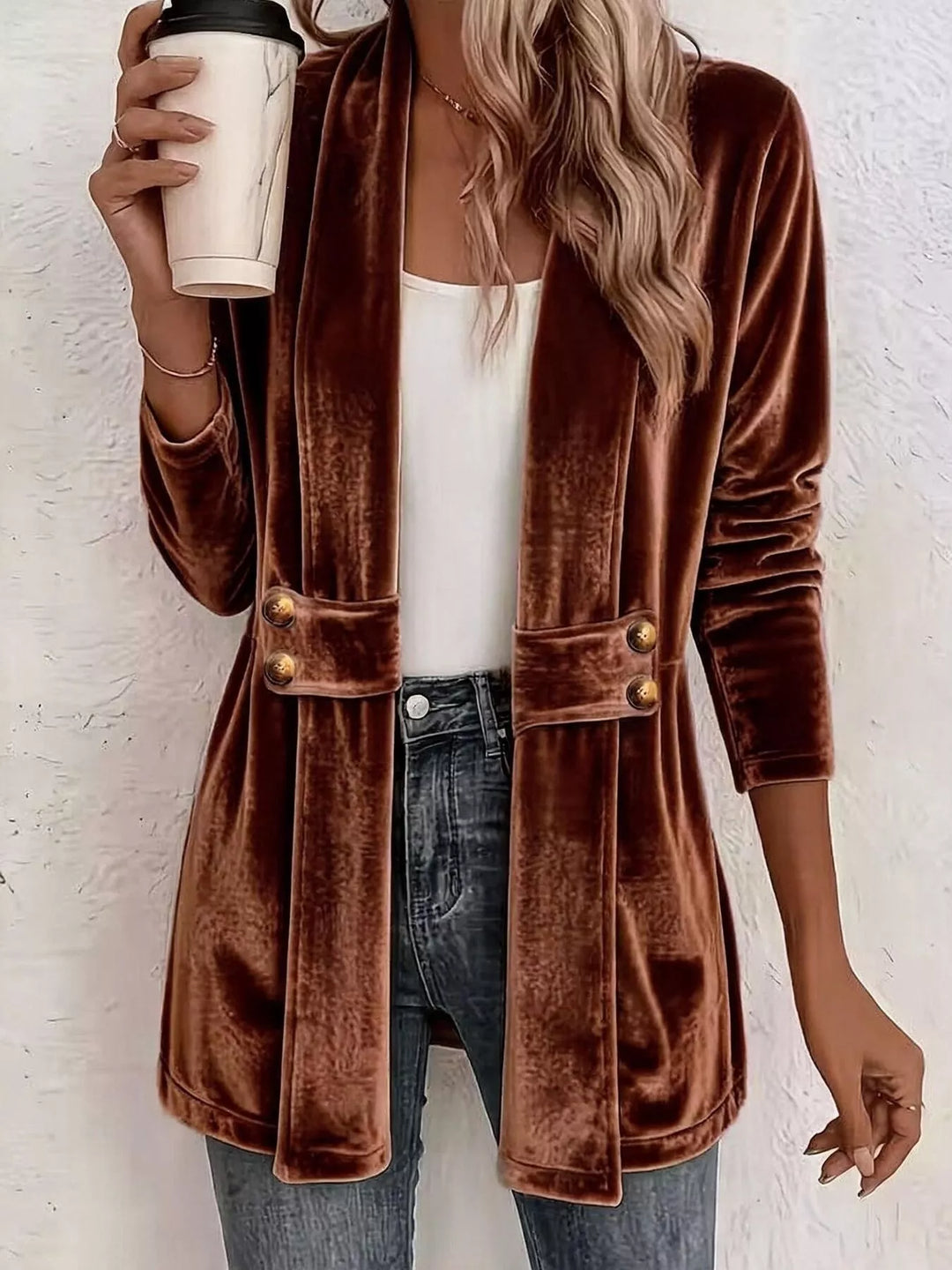 Rust brown velvet-look open front cardigan with belted waist and gold buttons