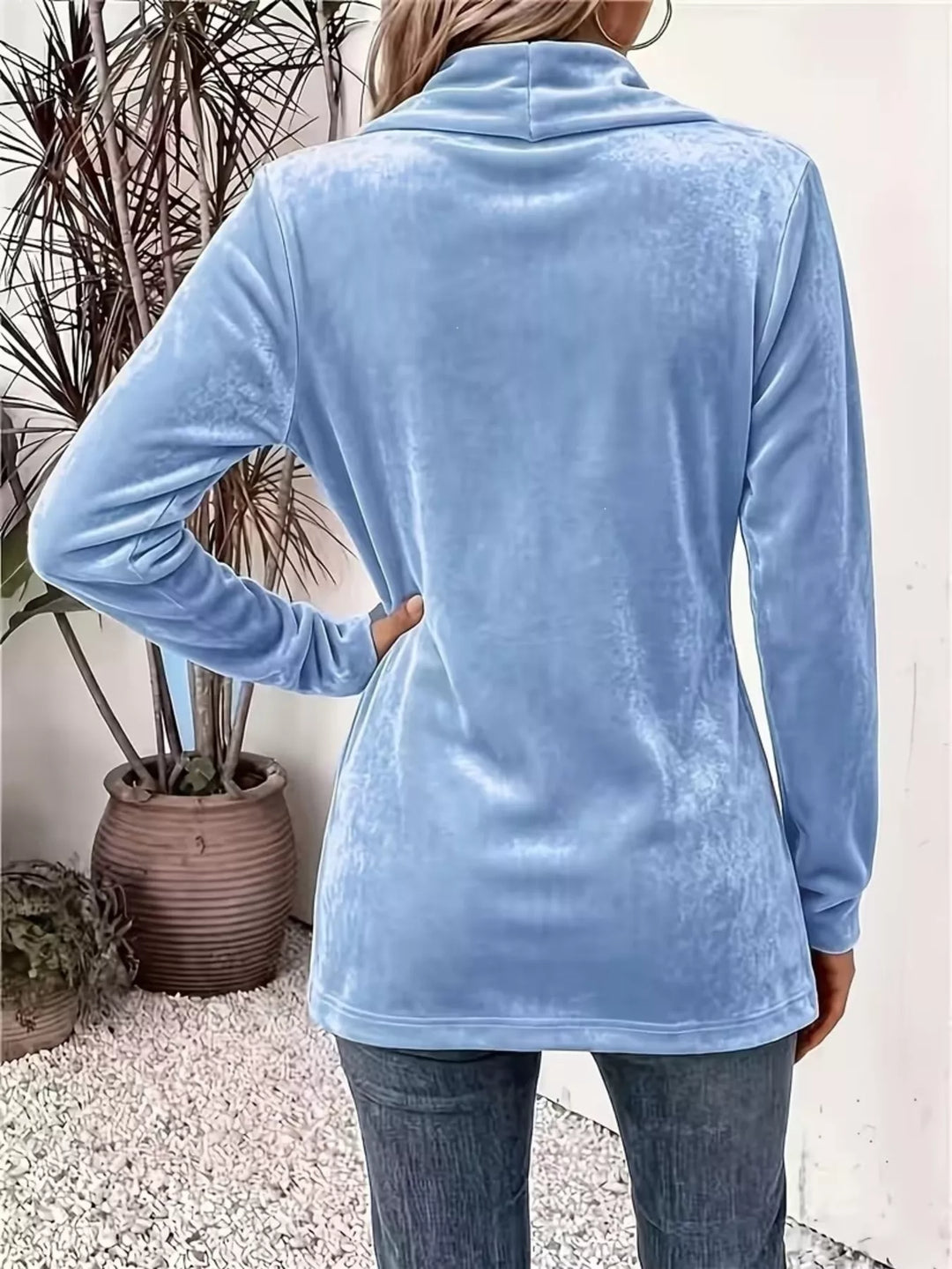 Back view of the sky blue velvet-look cardigan with shawl collar