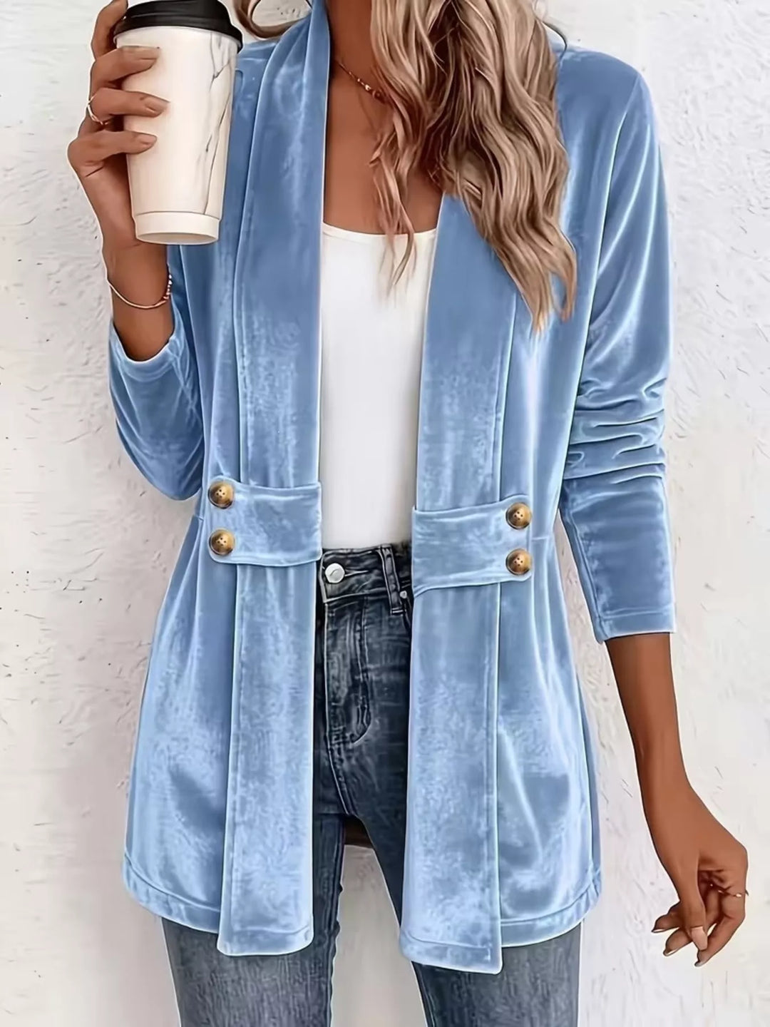 Women's open front cardigan in sky blue, velvet-look shawl collar with belted waist