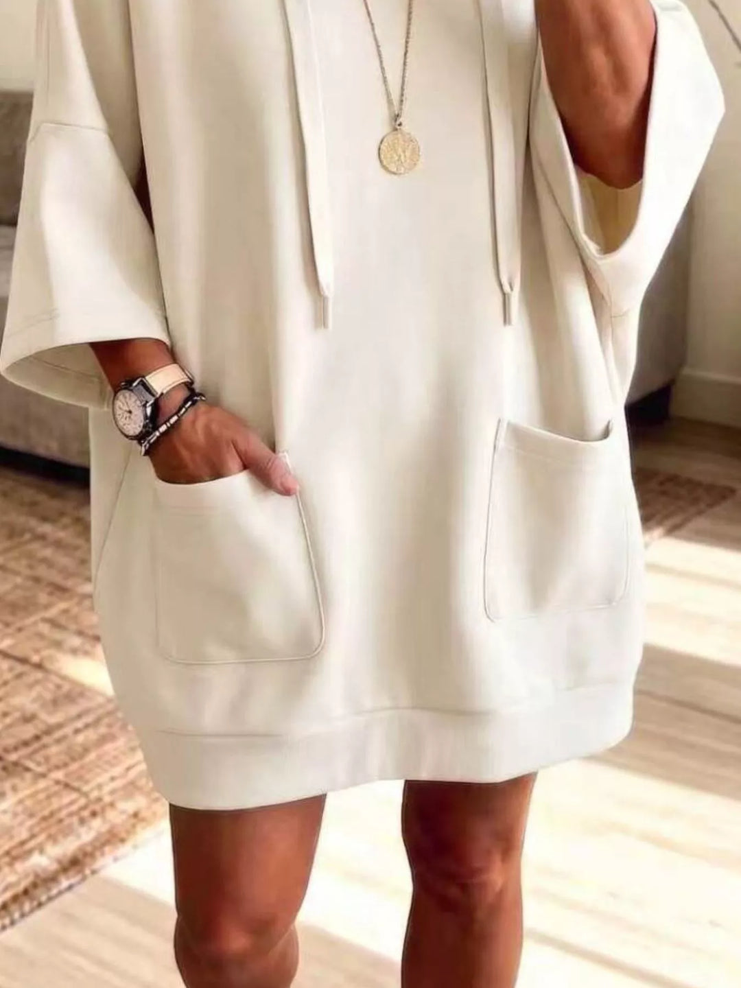 Dress-length wide sleeves big front pocket in beige, close-up detail