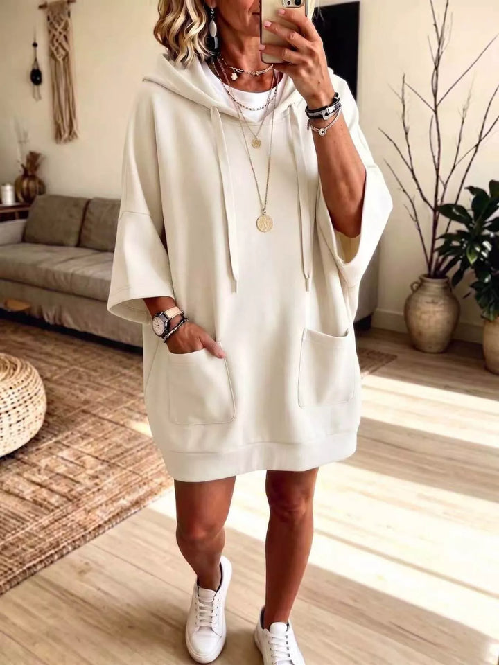Women's oversized hoodie in beige, dress-length wide sleeves big front pocket