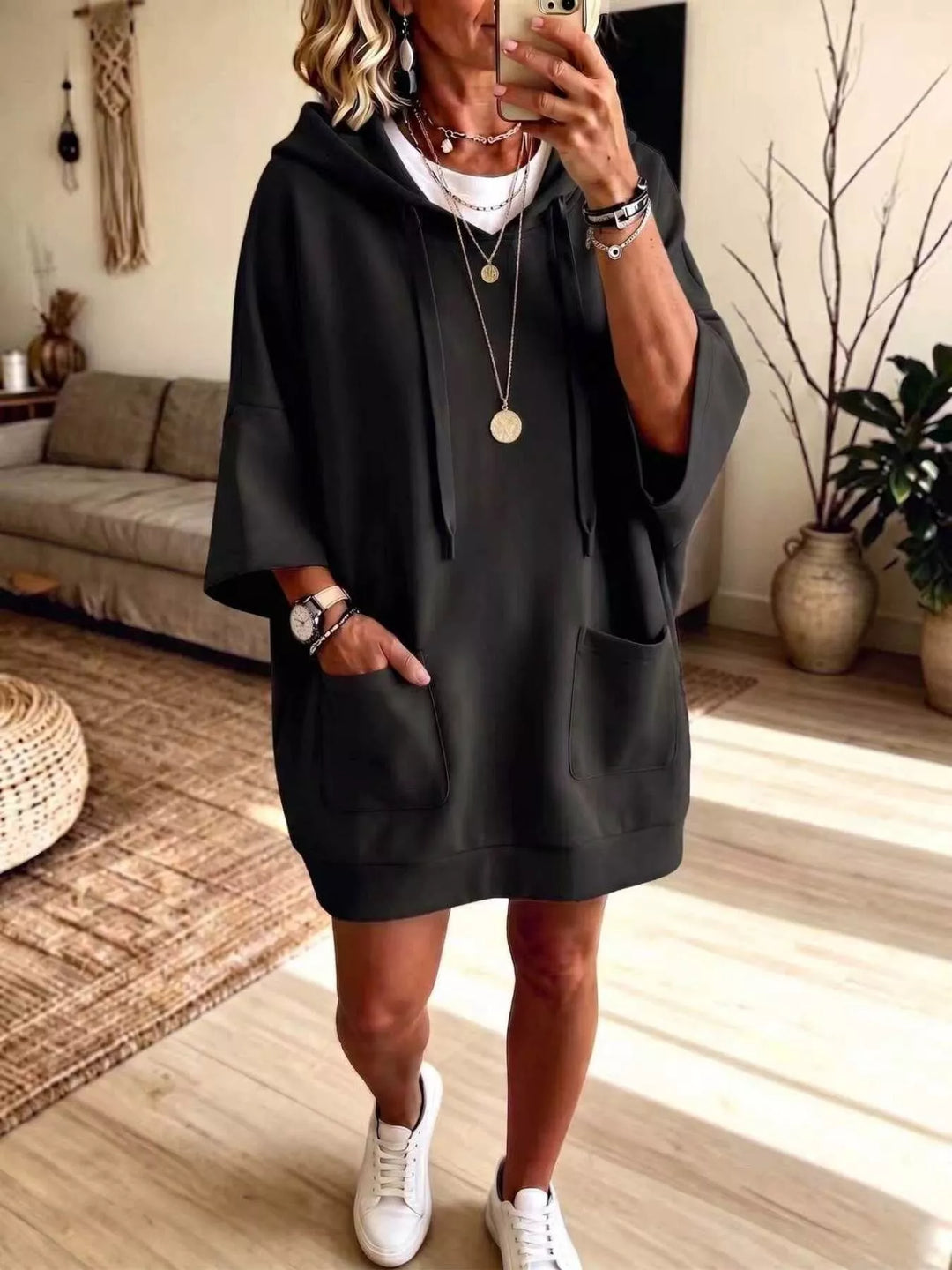 Dress-length wide sleeves big front pocket in black, front view