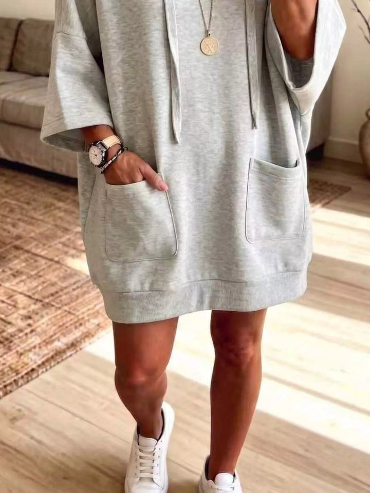 Dress-length wide sleeves big front pocket in gray, close-up detail 2