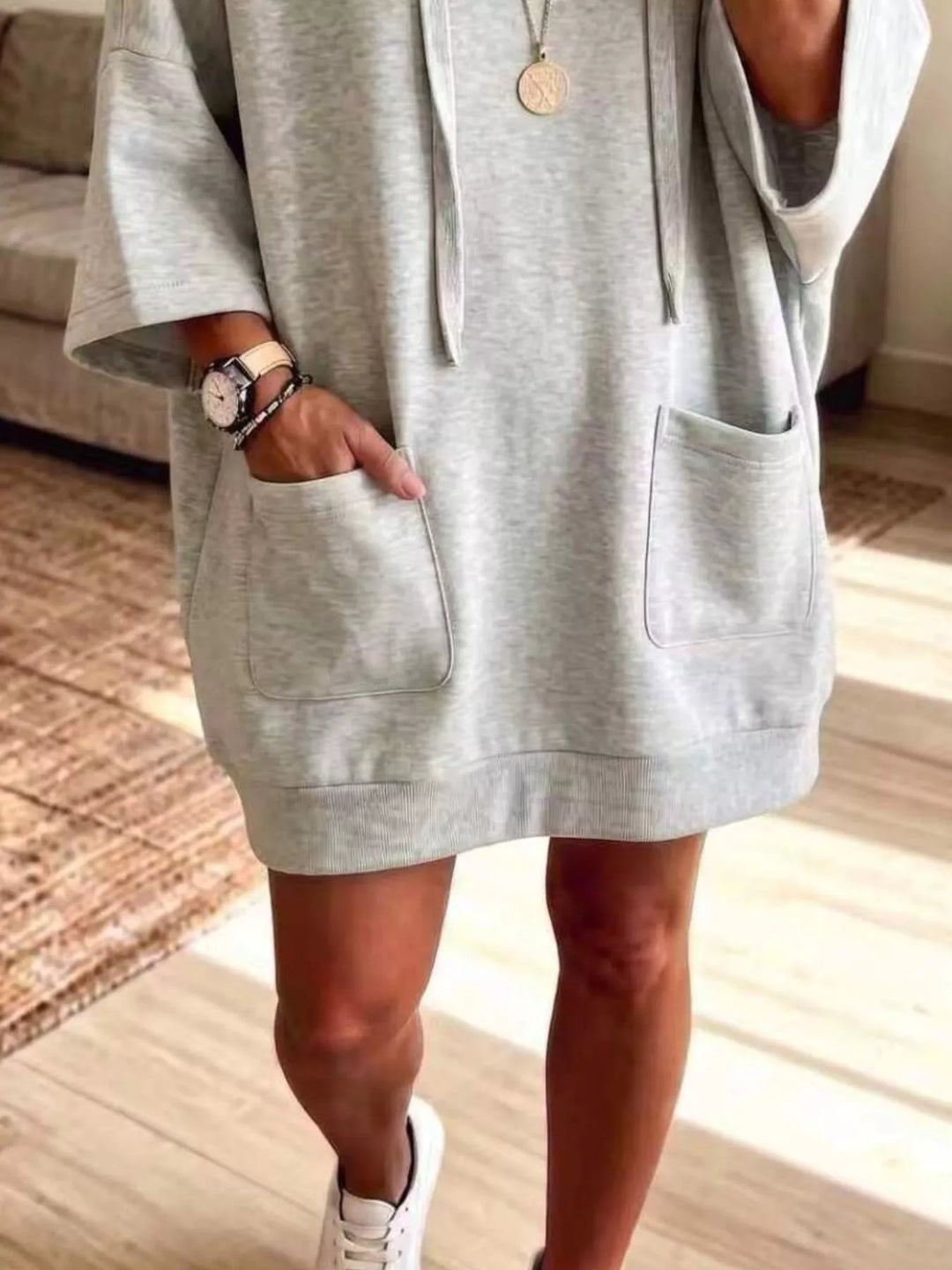 Dress-length wide sleeves big front pocket in gray, close-up detail