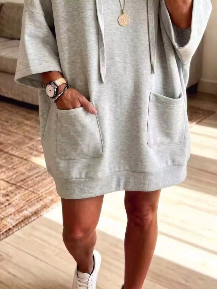 Dress-length wide sleeves big front pocket in gray, close-up detail
