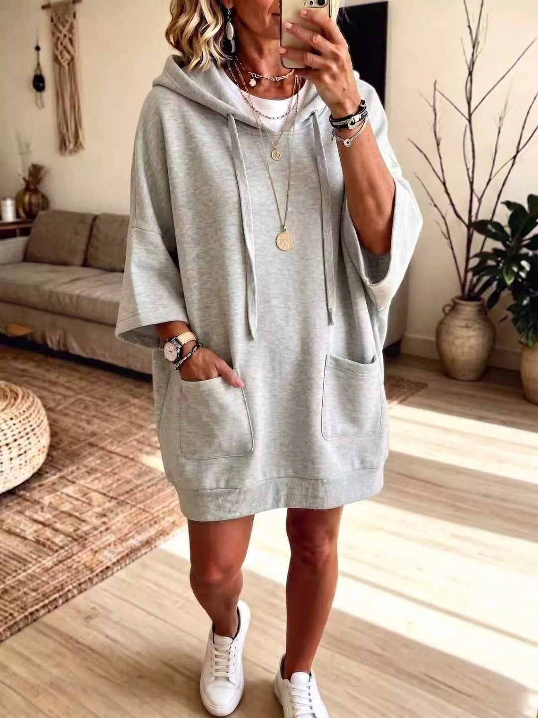 Dress-length wide sleeves big front pocket in gray, front view