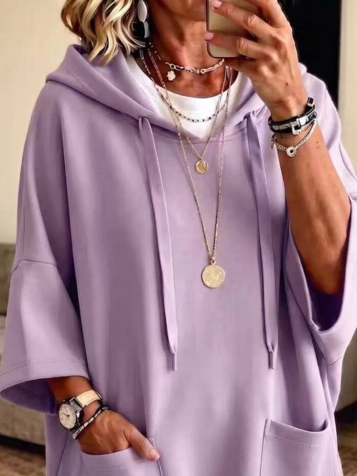 Dress-length wide sleeves big front pocket in lavender, close-up detail 2