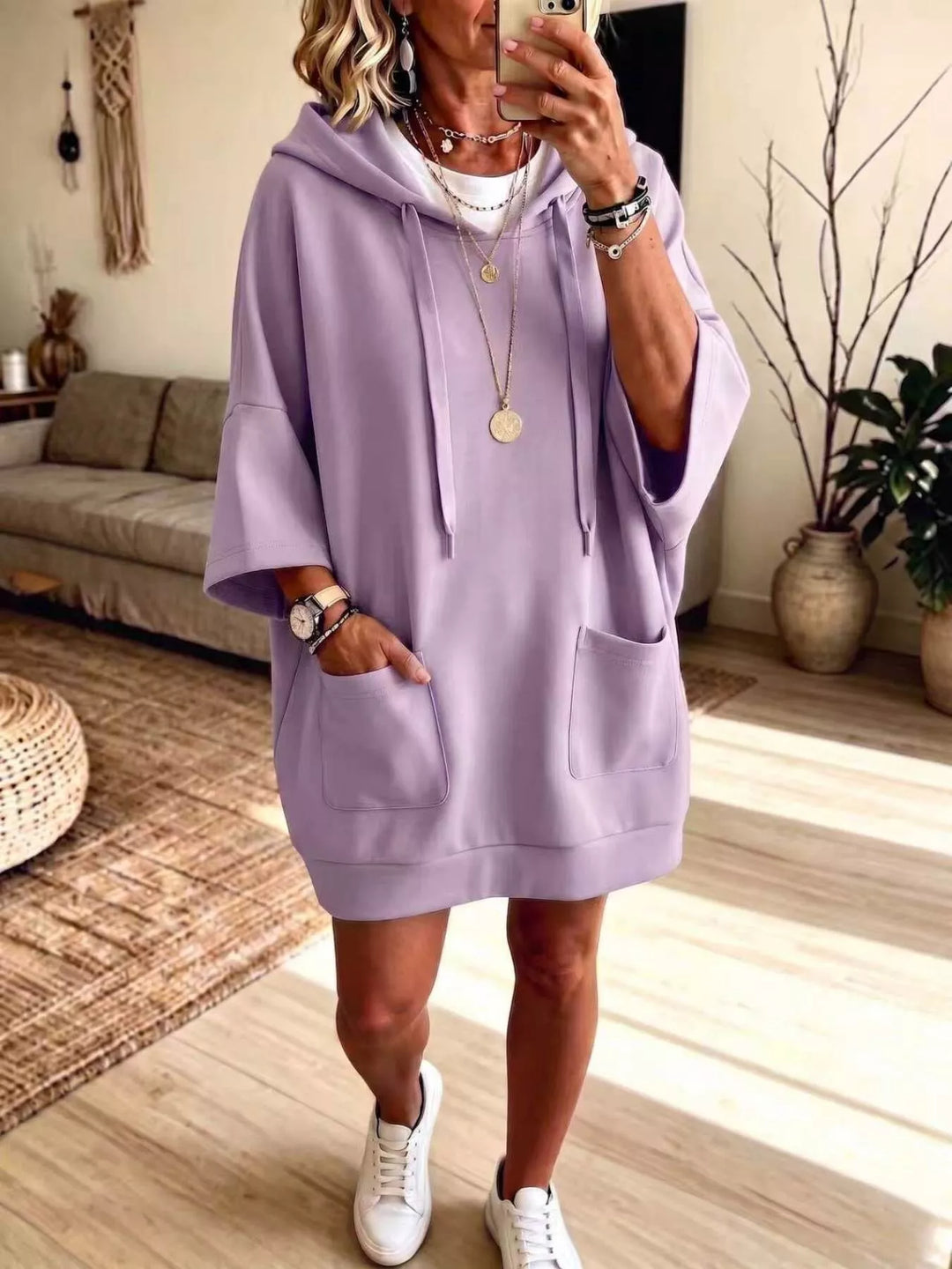 Dress-length wide sleeves big front pocket in lavender, front view