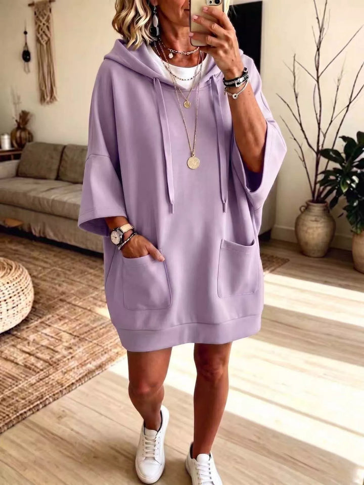 Dress-length wide sleeves big front pocket in lavender, front view