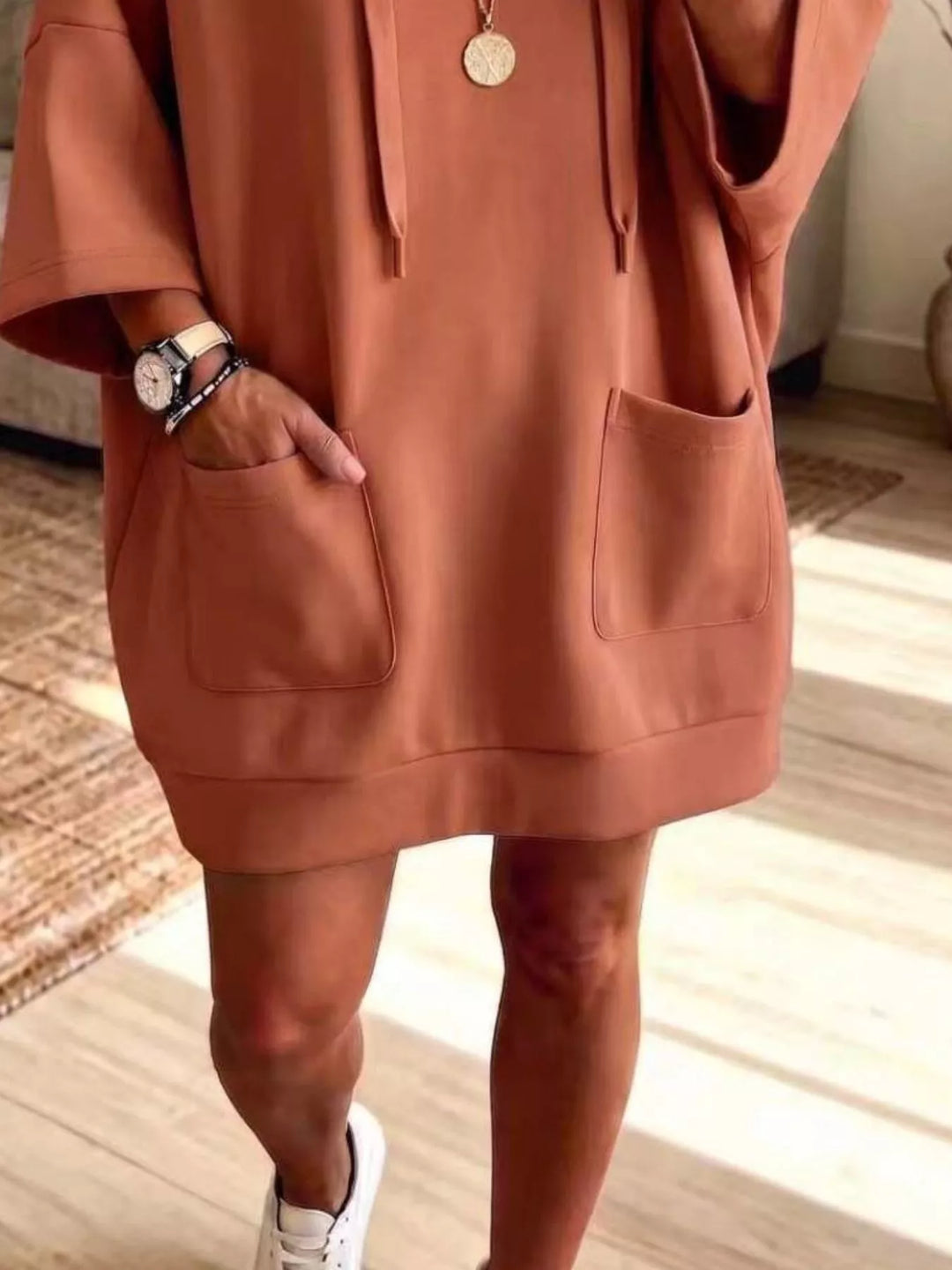 Dress-length wide sleeves big front pocket in terracotta, close-up detail 2
