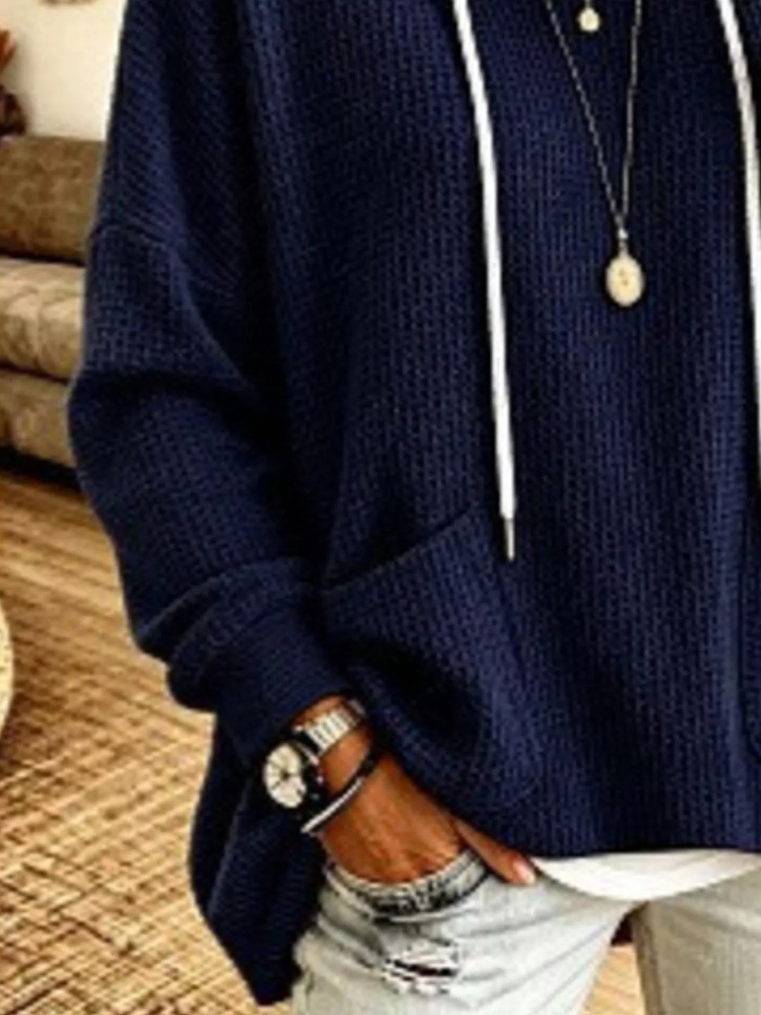 Waffle knit patch pockets plus size in navy, close-up detail
