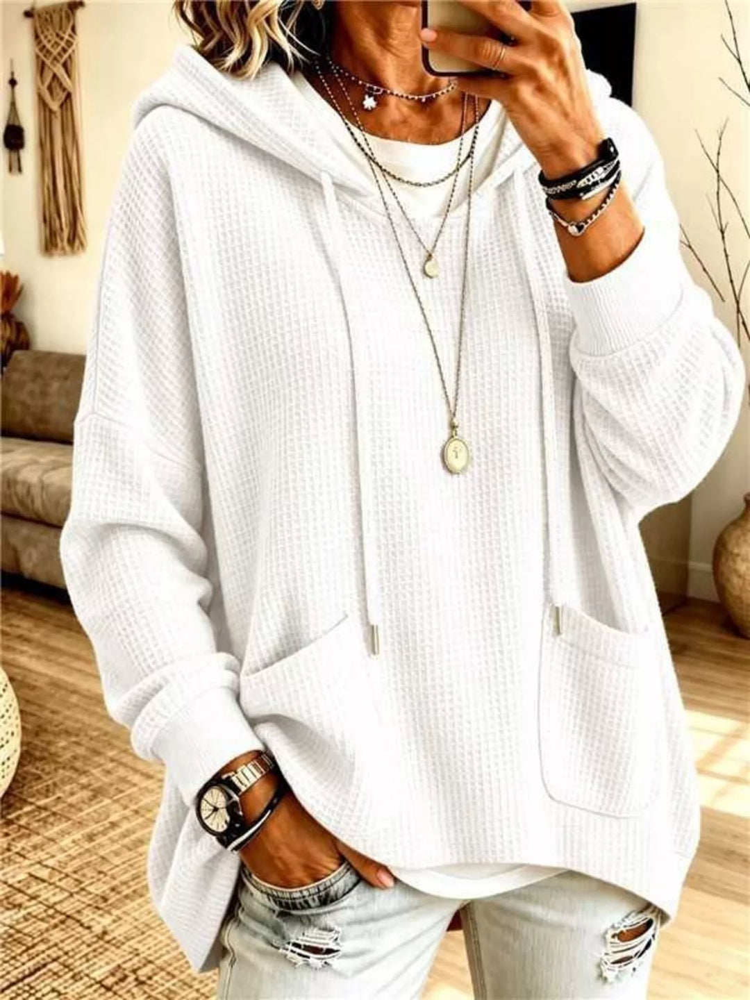 Waffle knit patch pockets plus size in white, front view