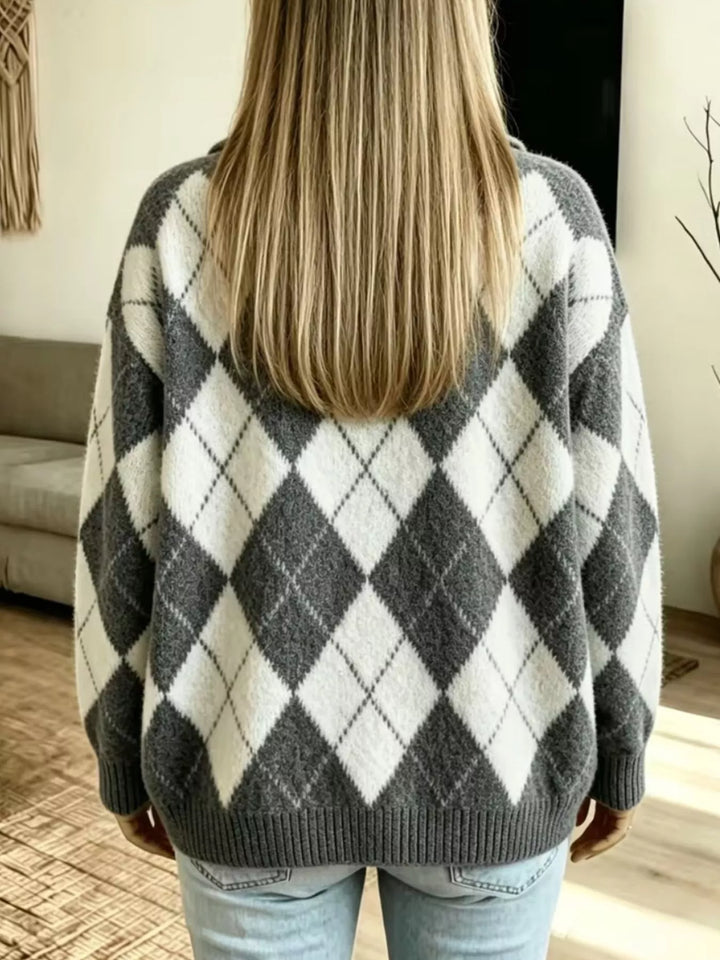 Back view of the gray argyle sweater with diamond pattern
