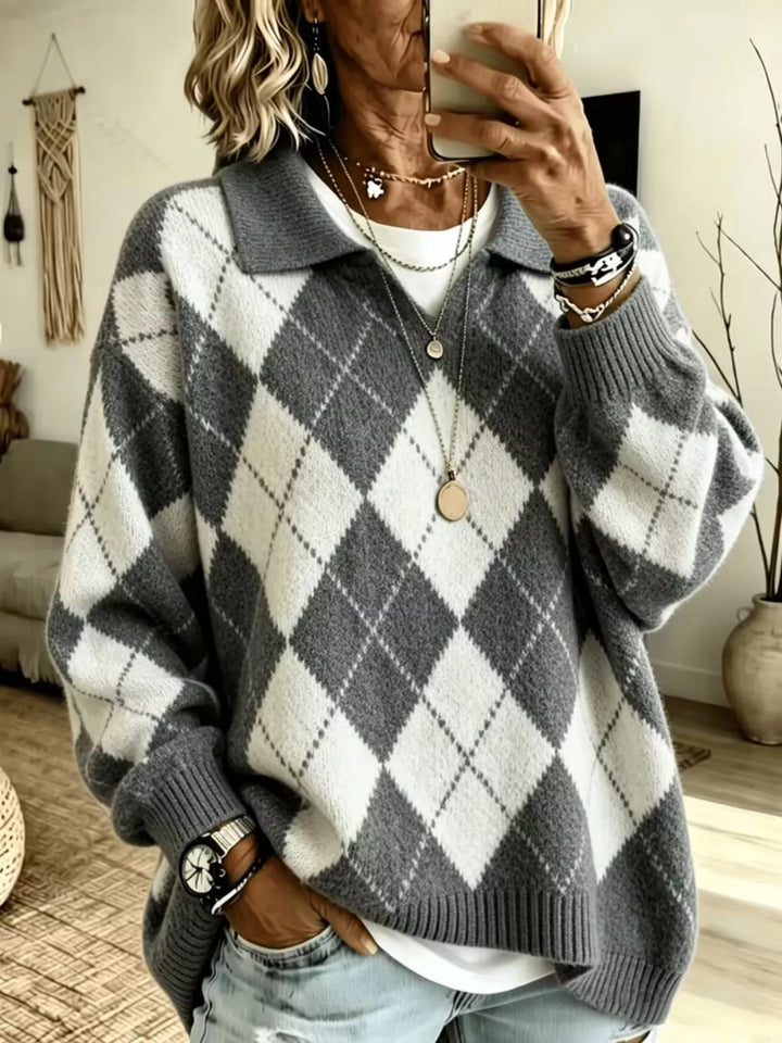 Gray oversized argyle sweater with polo collar and V placket, front view