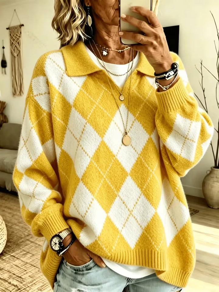 Mustard argyle oversized sweater with polo collar, front view with jeans