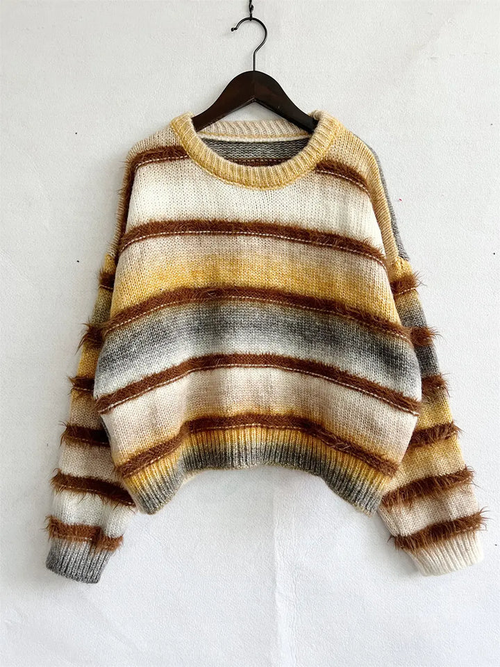 Ochre multicolor striped sweater hanging on a hanger, front view