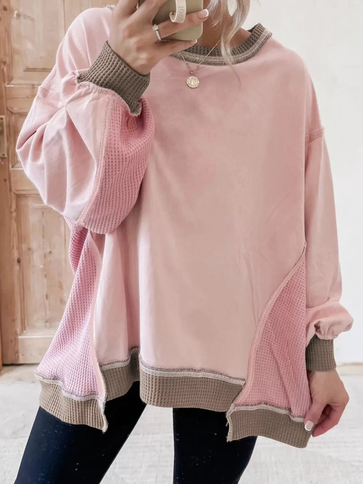 Women's oversized sweatshirt in dusty pink, color block waffle trim side slits