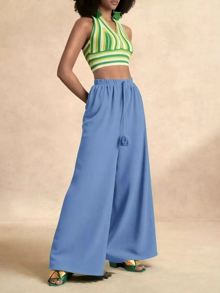 Women's palazzo pants in sky blue, extra wide flowy leg with a halter crop top