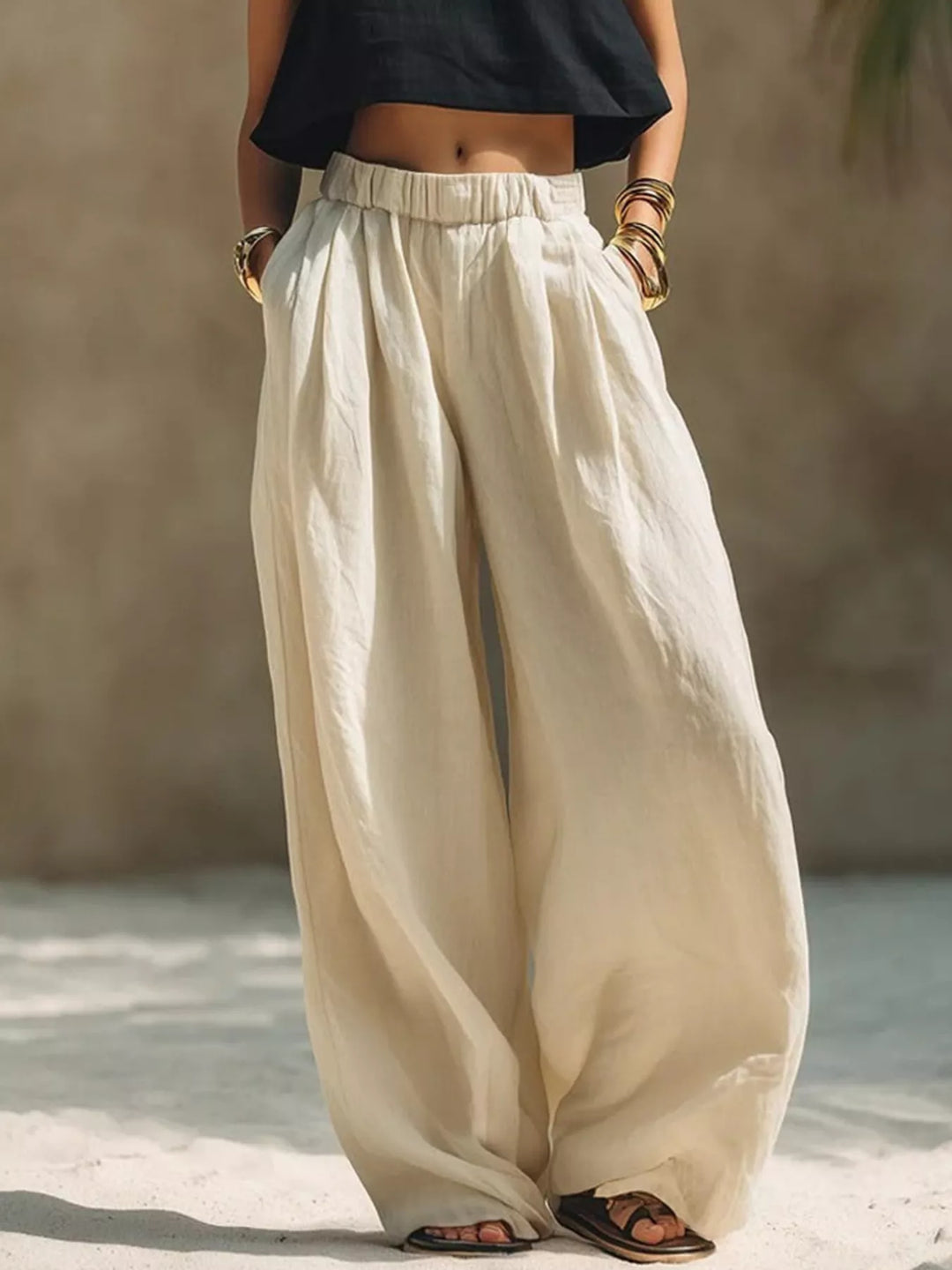 Women's palazzo pants in cream, extra wide leg pleated with an elastic waist