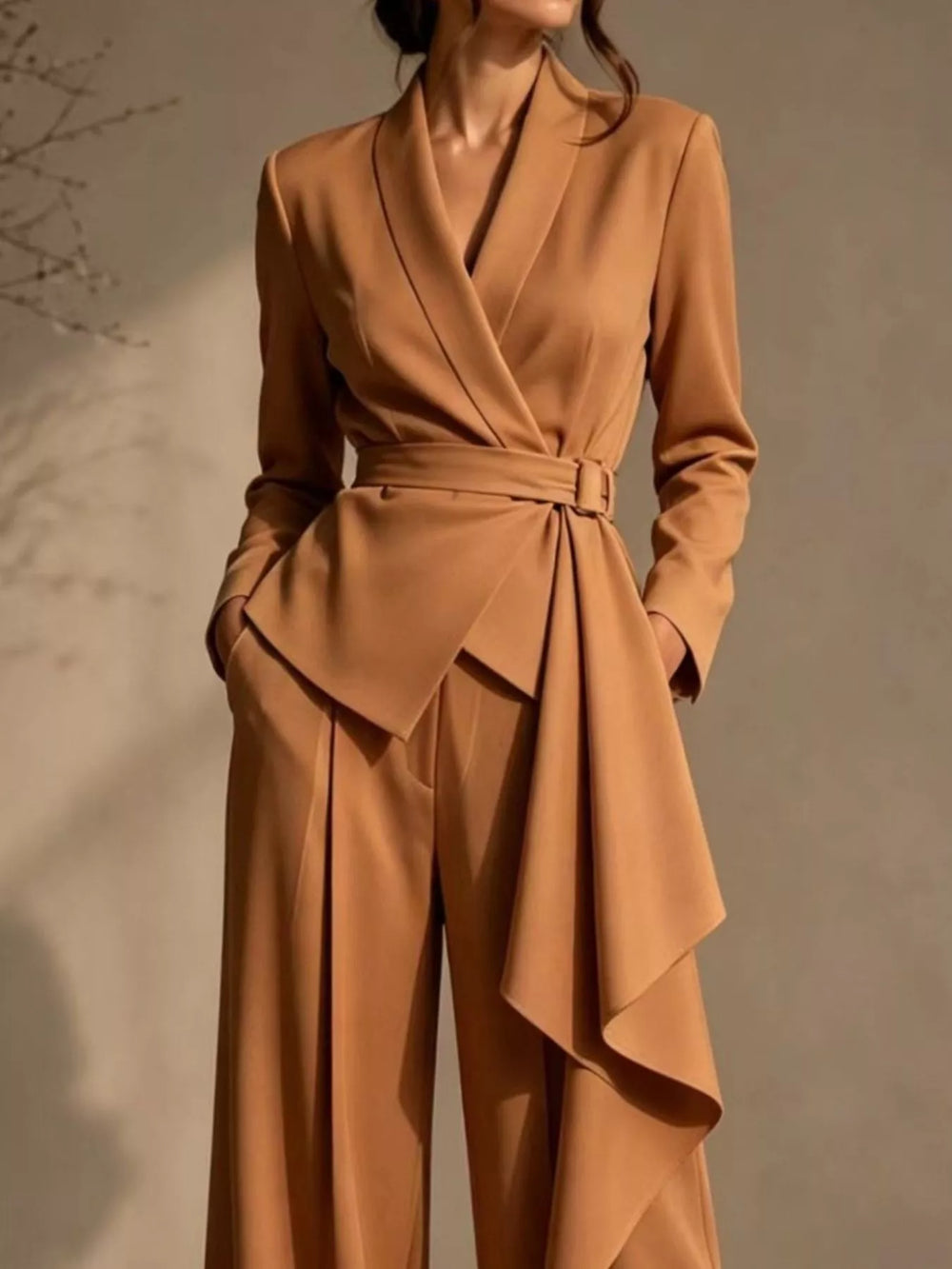 Caramel wrap blazer with tie belt and draped front panel, close view of the pant suit