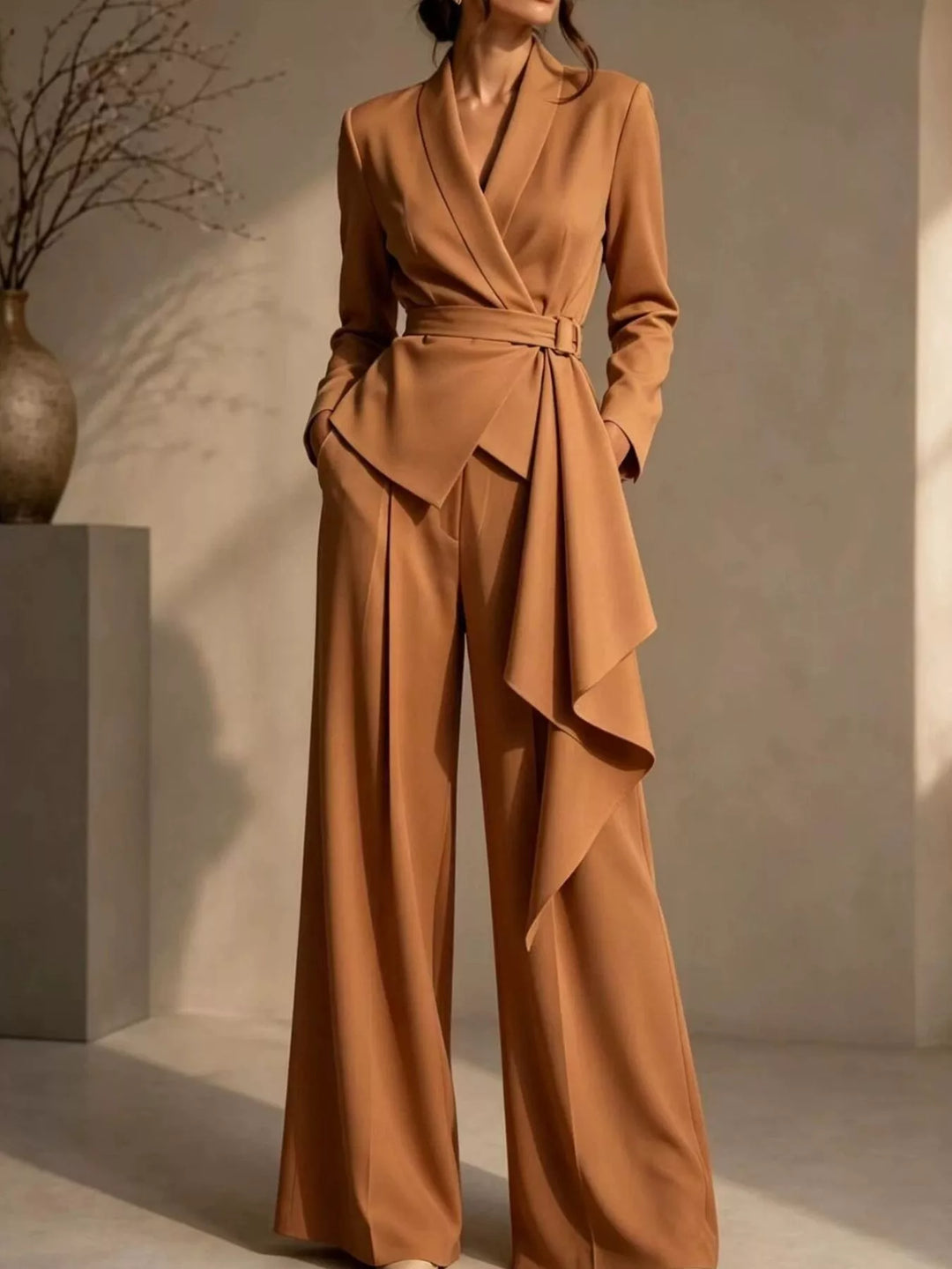 Women's caramel pant suit with belted wrap blazer and wide leg pants, full view
