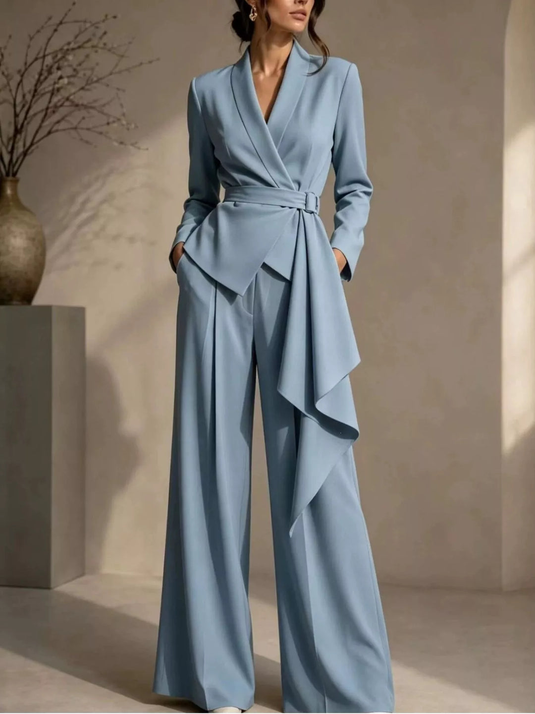 Light blue pant suit with belted wrap blazer and wide leg pants, full view