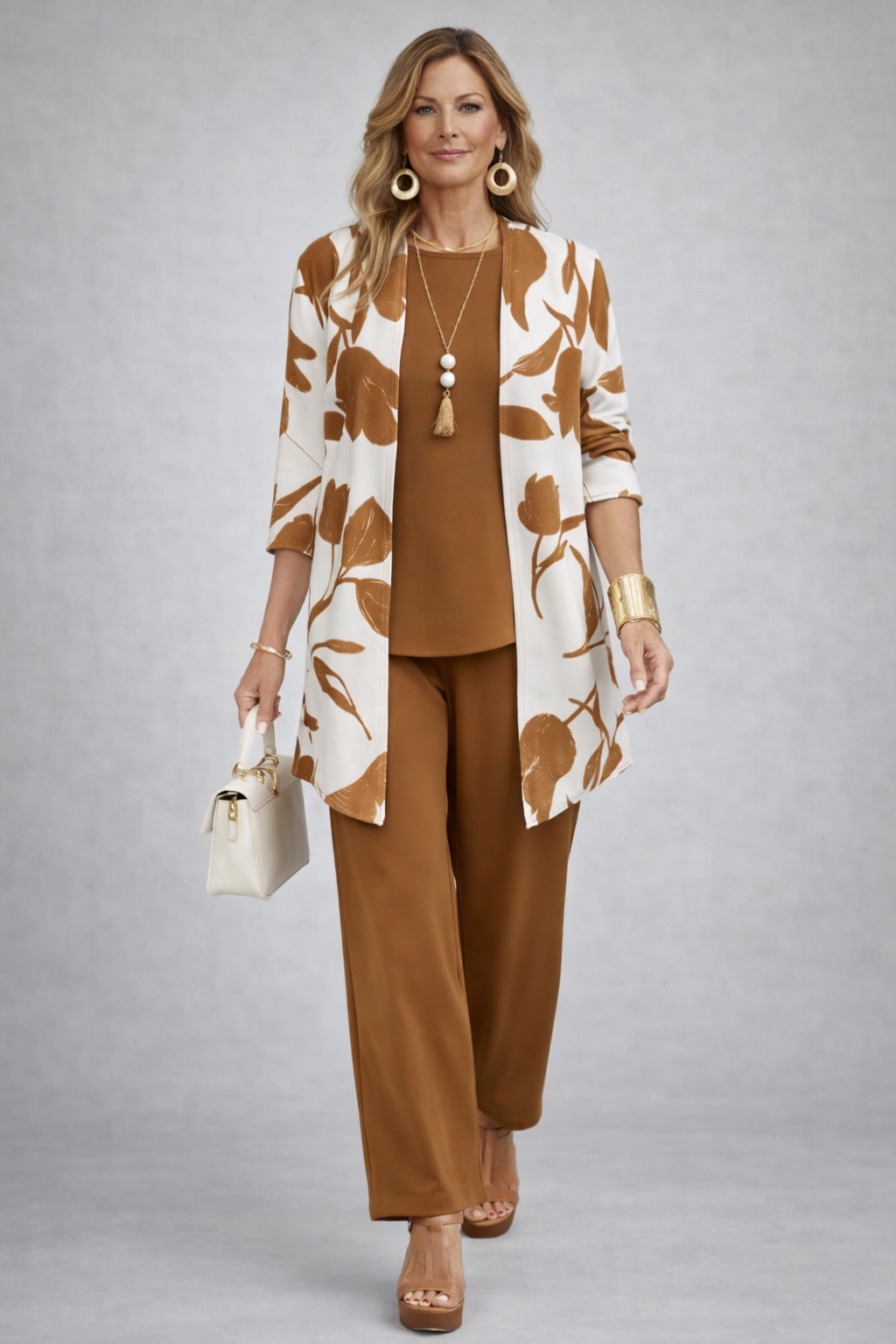 Women's pant suit in caramel with an ivory vine print cardigan, caramel top and straight pants