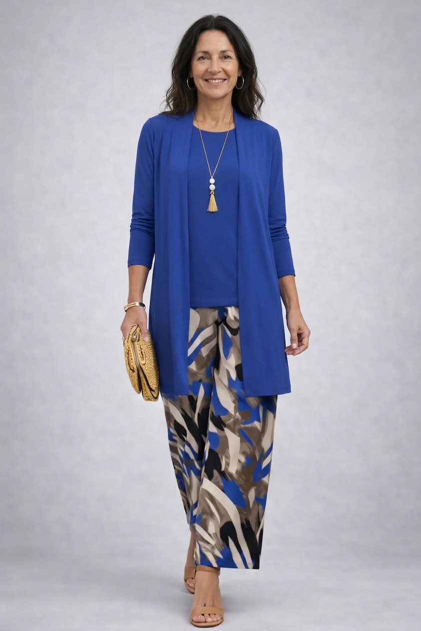 Women's pant suit in royal blue, brushstroke print pants with solid open cardigan and top