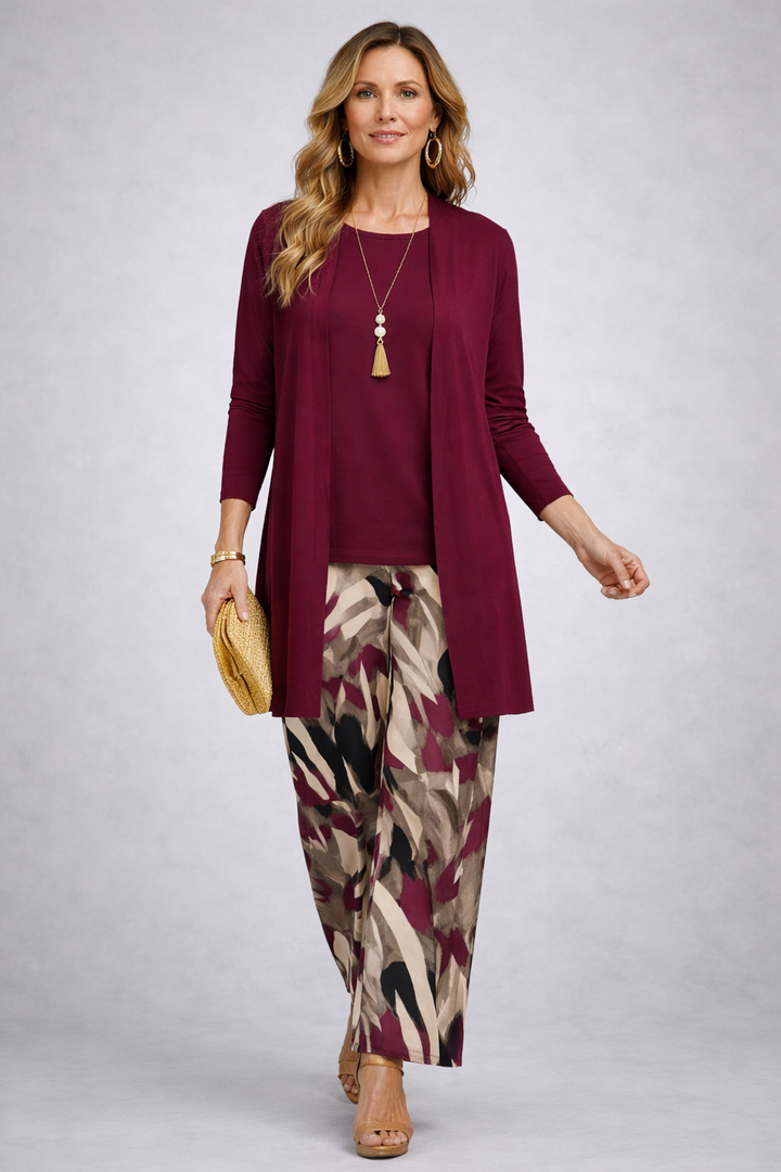 Women's pant suit in burgundy with a long open cardigan and brushstroke print wide leg pants