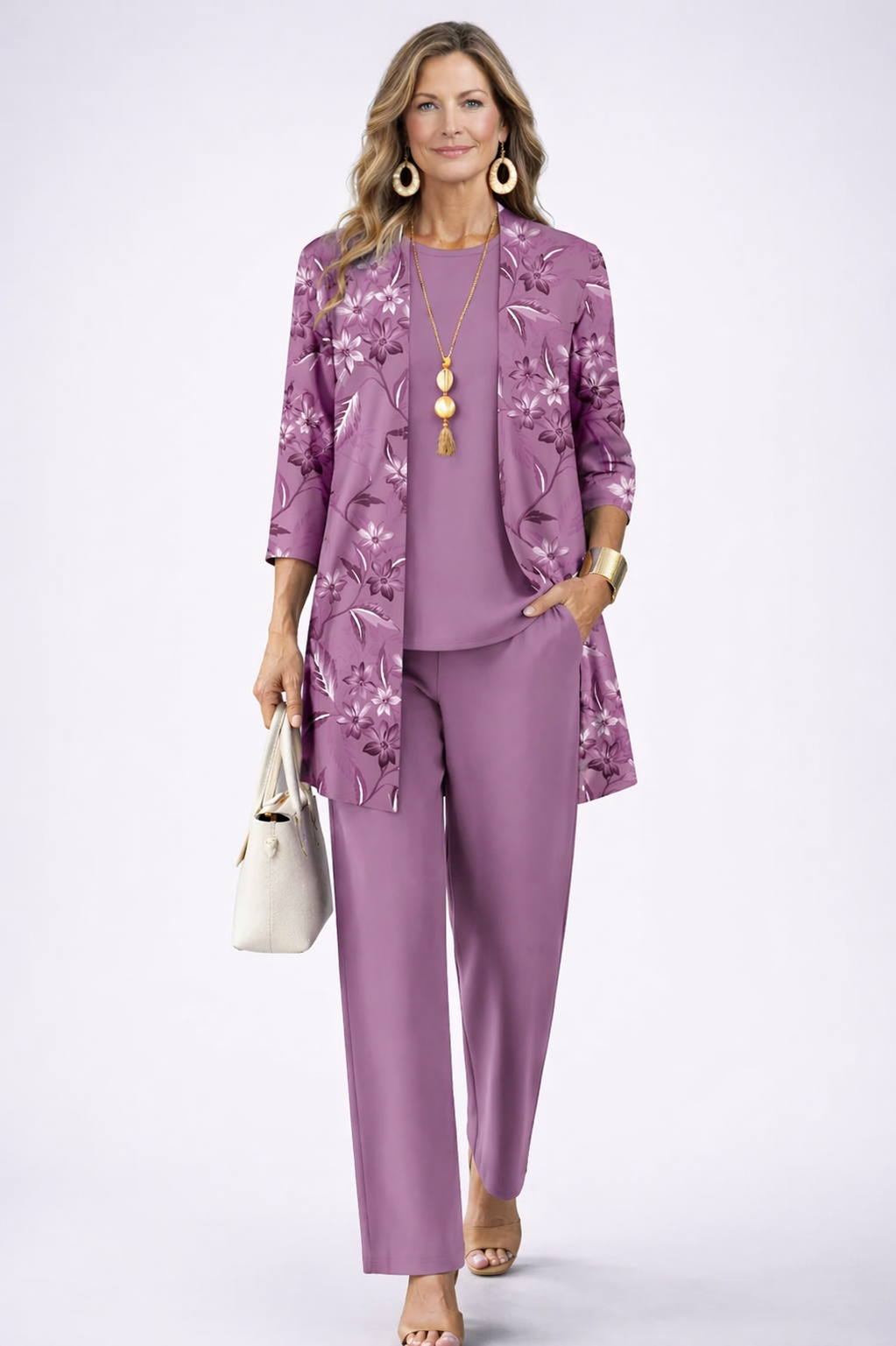 Women's pant suit in purple, floral vine print cardigan with three quarter sleeves and solid pants