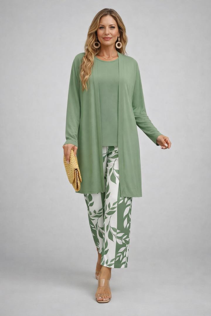Women's pant suit in sage green with a longline open cardigan and foliage print cropped pants