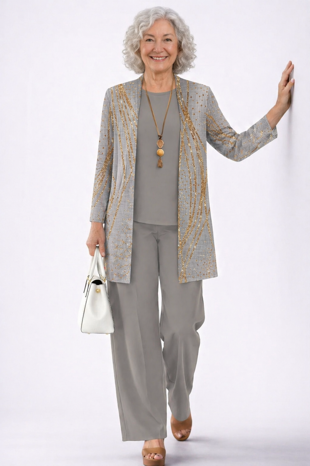 Women's pant suit in gray, glitter streak print longline cardigan with solid top and pants
