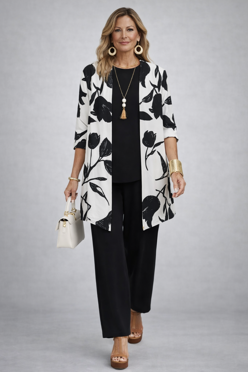 Women's pant suit in black with an ivory floral print longline cardigan and straight pants