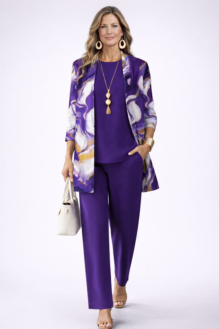 Women's pant suit in purple with a liquid swirl print cardigan, purple top and straight pants