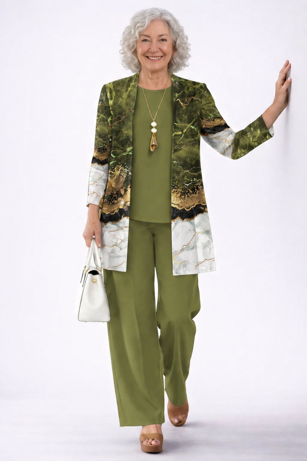 Women's pant suit in olive with a marble print longline cardigan, round neck top and wide leg pants