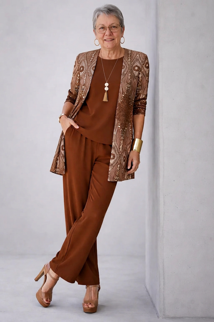 Women's pant suit in rust, peacock feather print cardigan with solid top and straight leg pants