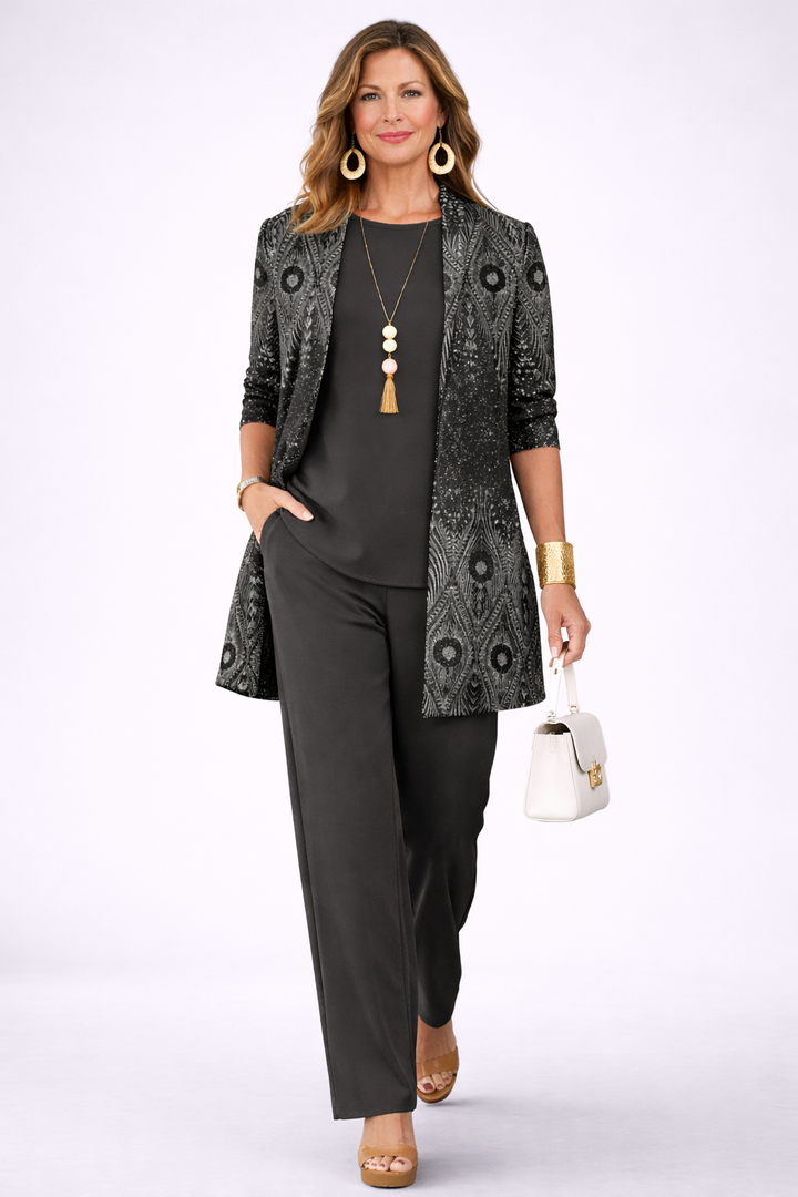 Women's pant suit in black, shimmer medallion print longline cardigan with solid top and pants