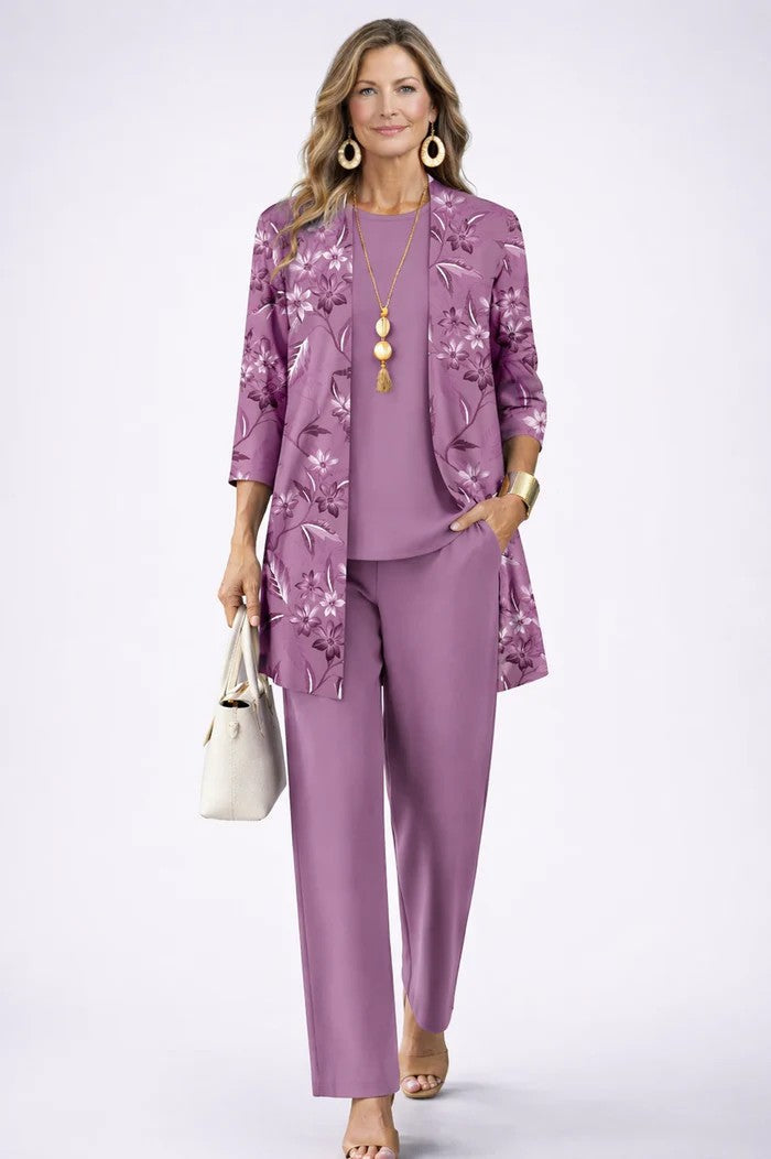 Purple floral vine print cardigan with matching solid top and pants