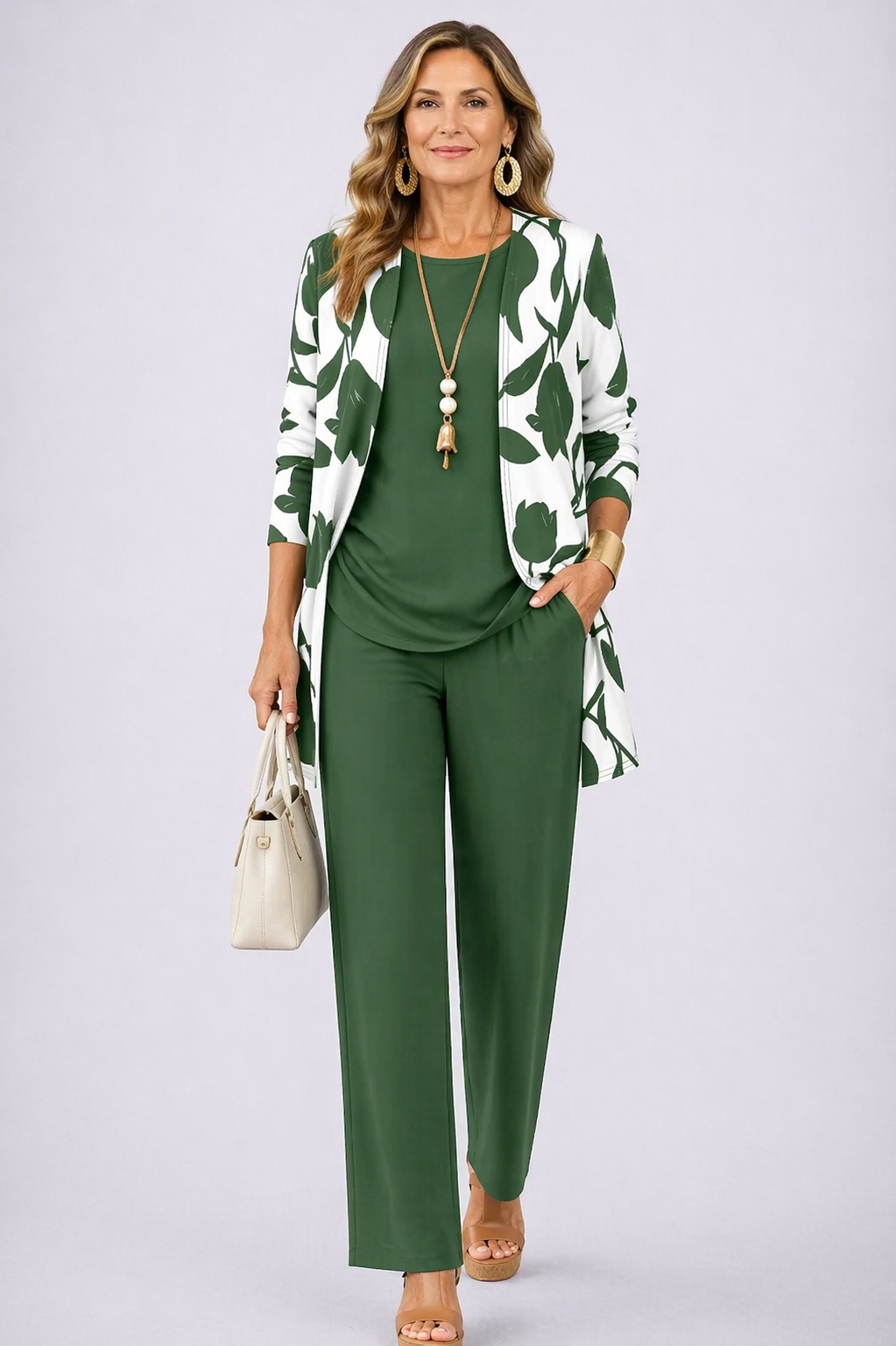 Women's pant suit in green, tulip leaf print cardigan on white with solid top and pants