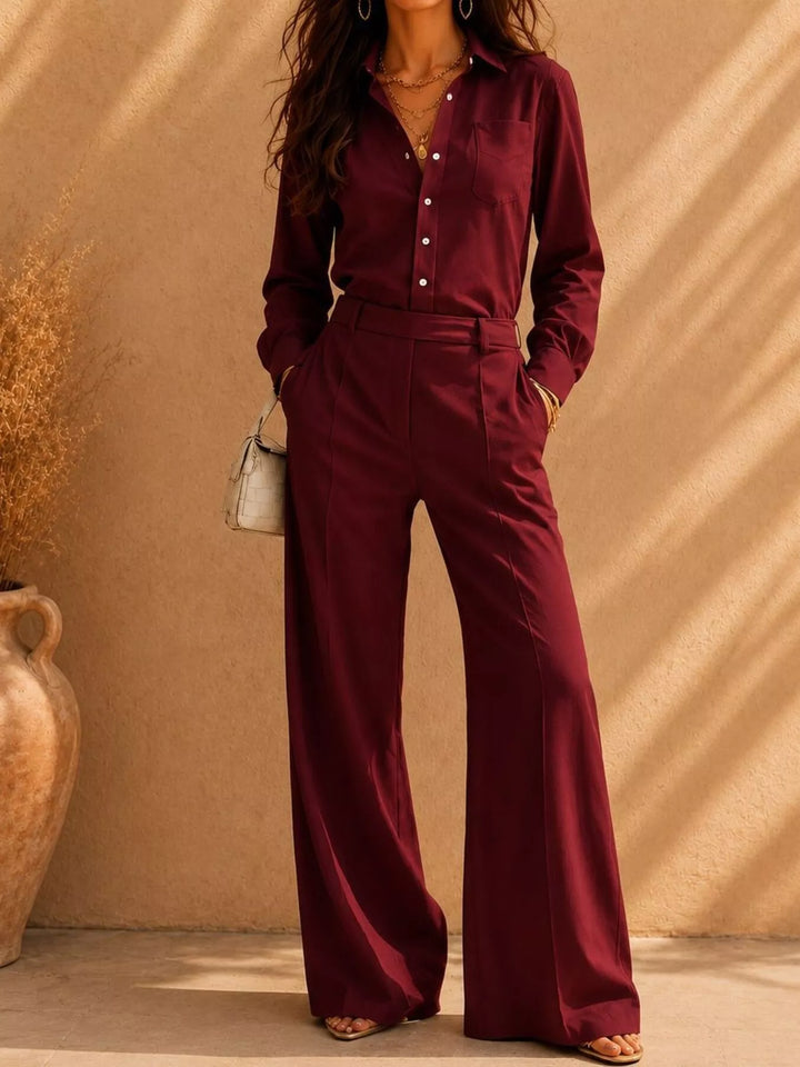 Burgundy shirt and high waist pants set with a small handbag
