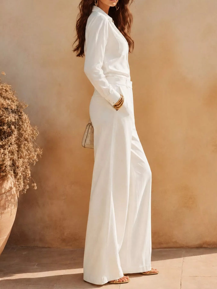 White button front shirt and high waist wide pants set from a side angle