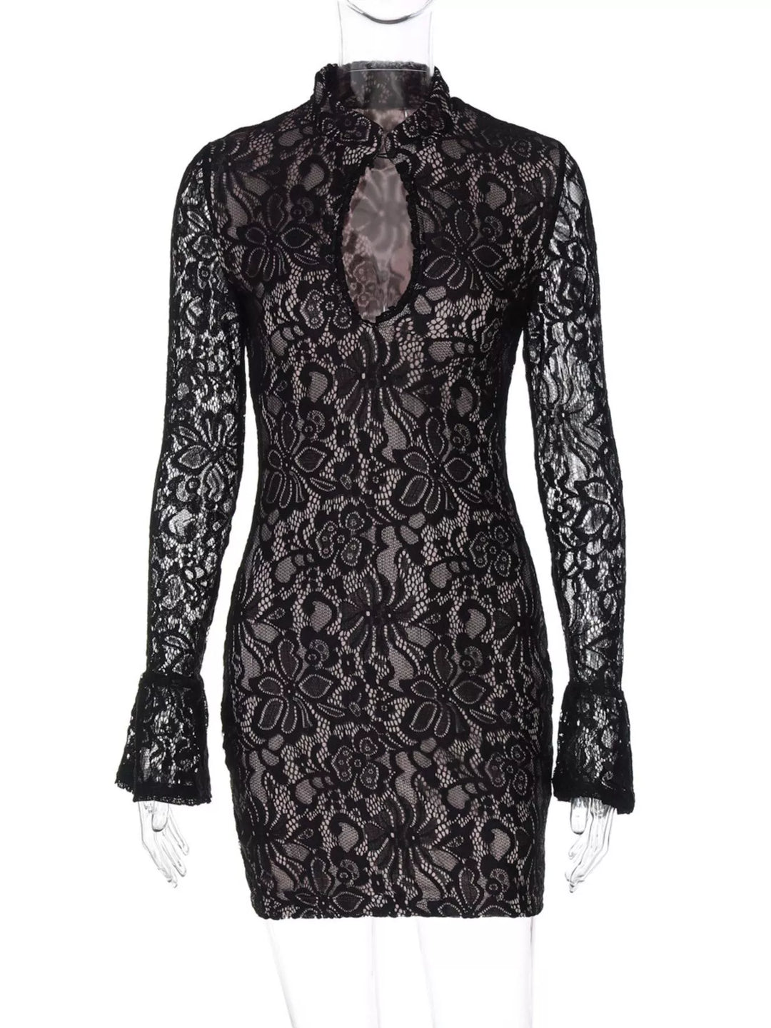 Black mini dress shown flat with all-over lace