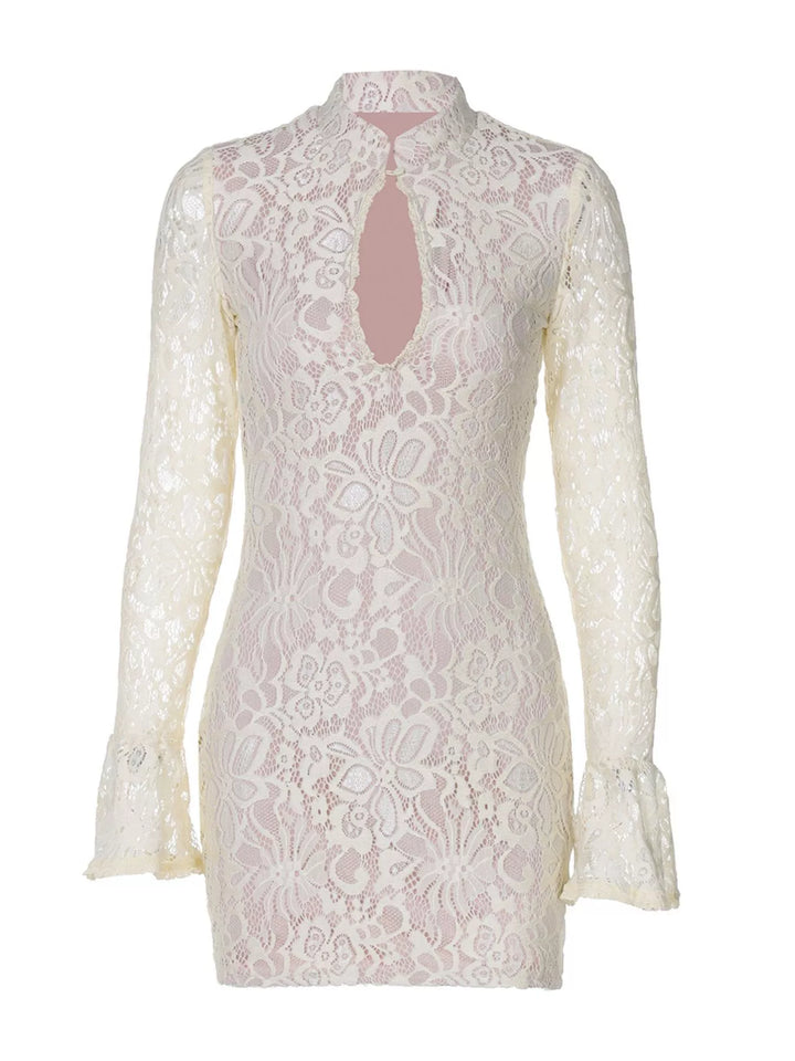 Light yellow mini dress shown flat with all-over lace