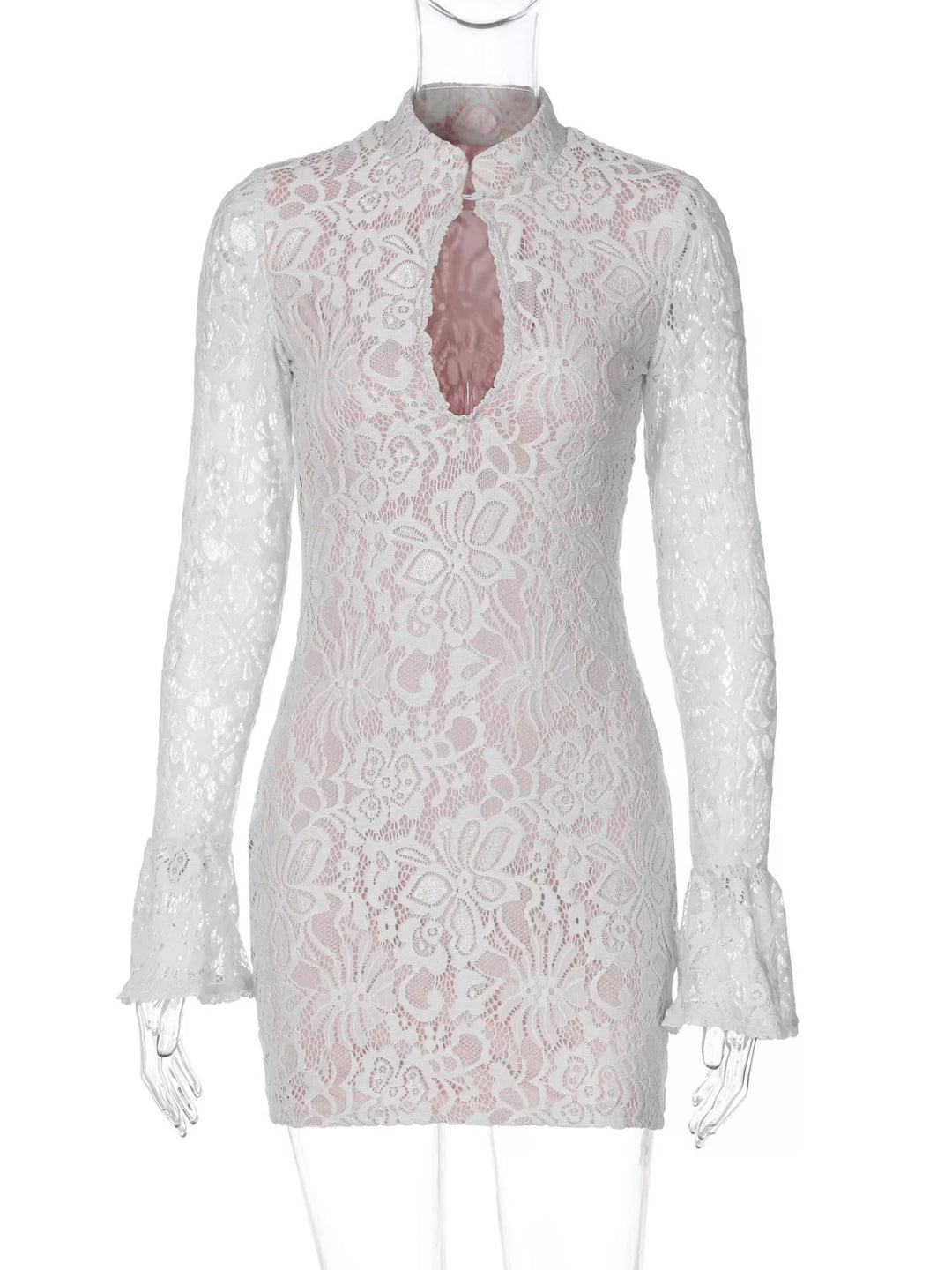 White mini dress shown flat with all-over lace