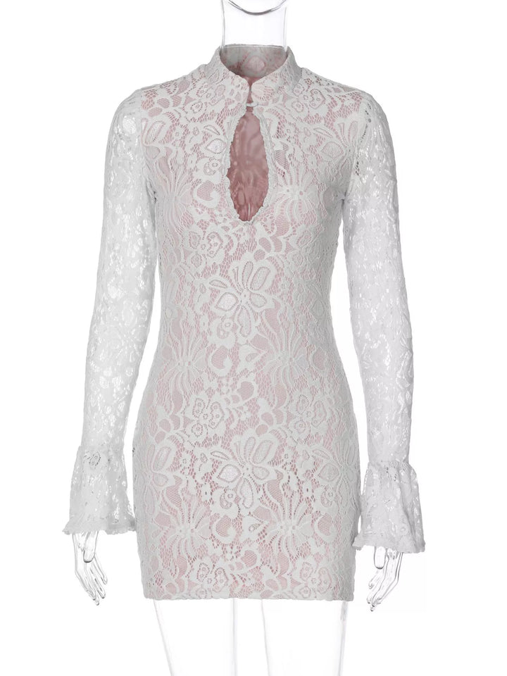 White mini dress shown flat with all-over lace